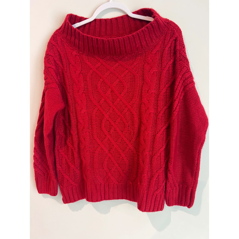 JODIFL Women's‎ Size Small Red Cable Knit Off Shoulder Chunky Sweater Top